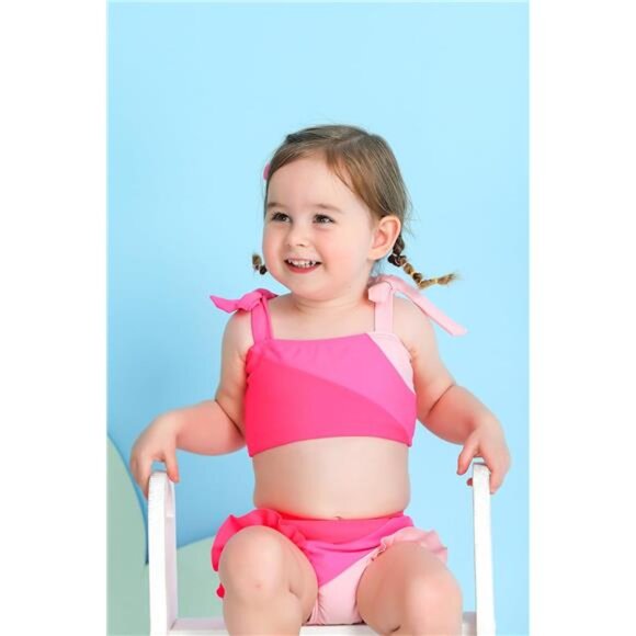 Pink Summer Bikini Toddler Girls Two Pieces Swimsuit Color Block Stripe Swimwear - Picture 2 of 5